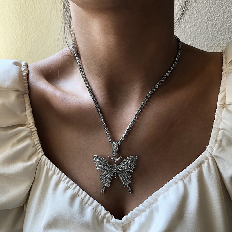 Big Butterfly Pendant Necklace Rhinestone Chain – Luxettire.com